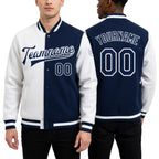 Custom White Royal Bomber Full-Snap Varsity Letterman Split Fashion Jacket worn front and back