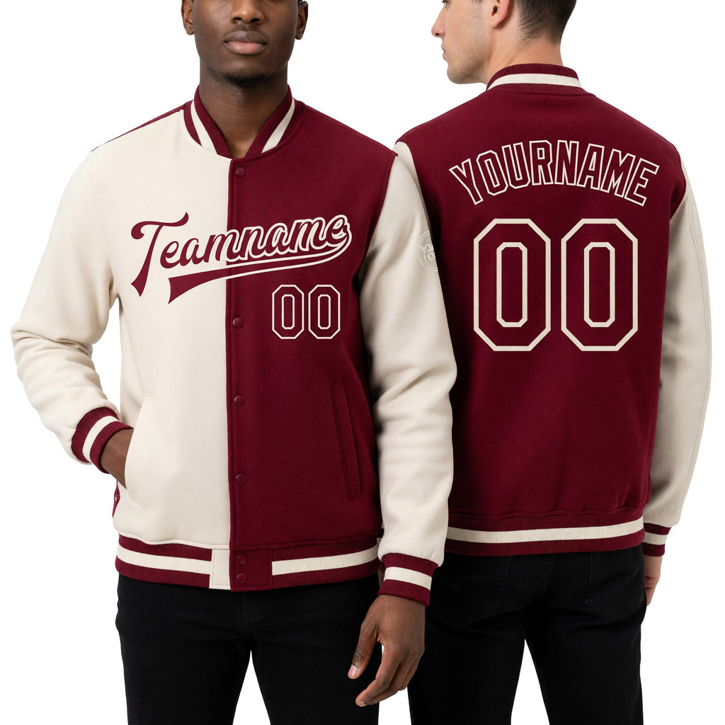 Custom Crimson Maroon-Cream Bomber Full-Snap Varsity Letterman Split Fashion Jacket worn front and back