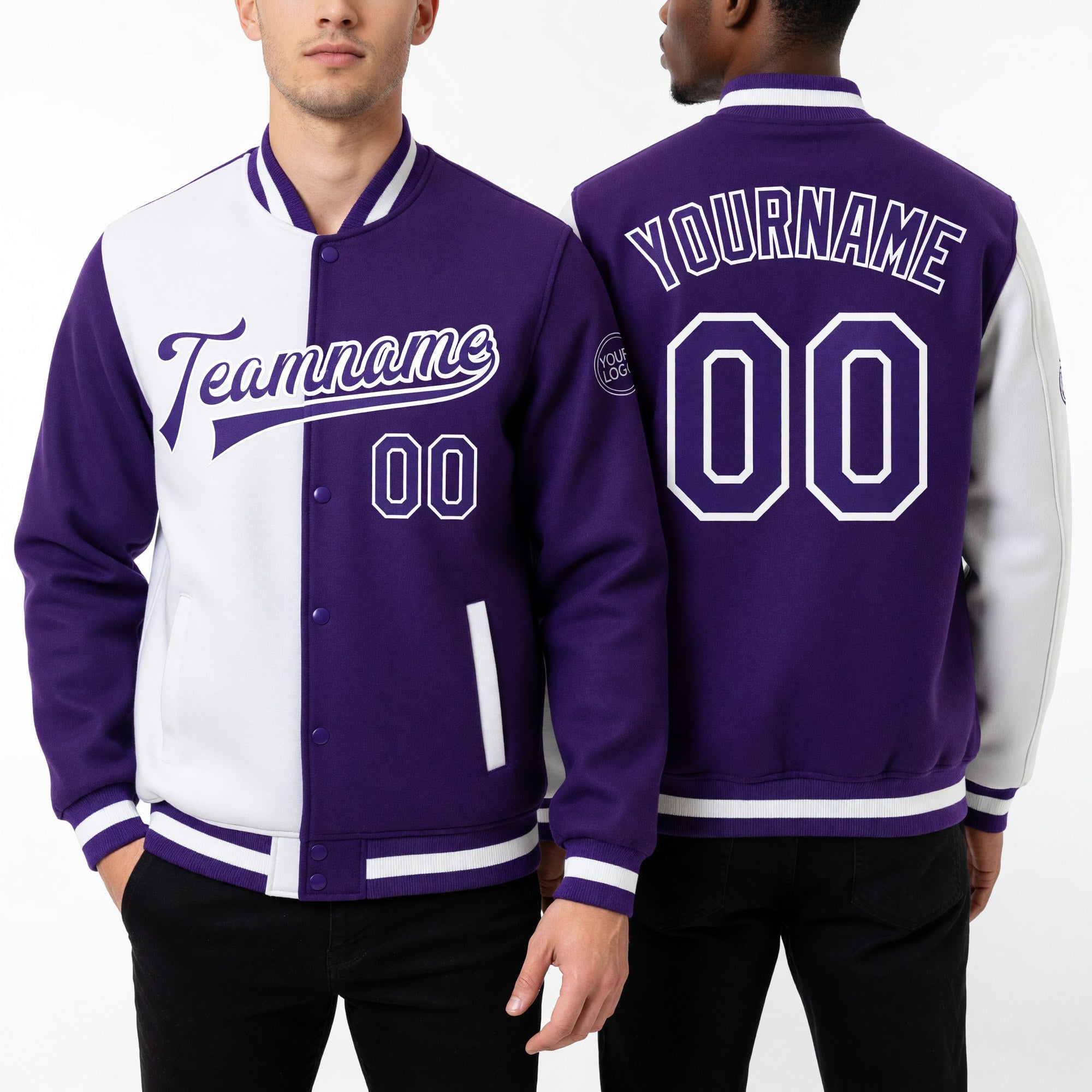 Custom White Purple Bomber Full-Snap Varsity Letterman Split Fashion Jacket worn front and back