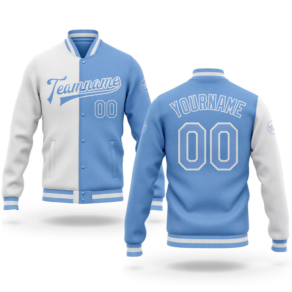 Custom White Light Blue Bomber Full-Snap Varsity Letterman Split Fashion Jacket