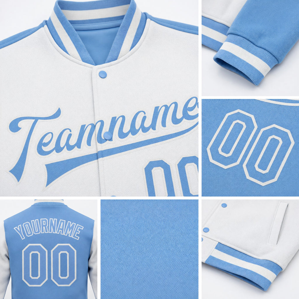 Custom White Light Blue Bomber Full-Snap Varsity Letterman Split Fashion Jacket detail