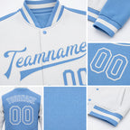 Custom White Light Blue Bomber Full-Snap Varsity Letterman Split Fashion Jacket detail