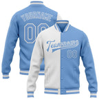 Custom White Light Blue Bomber Full-Snap Varsity Letterman Split Fashion Jacket photo 1