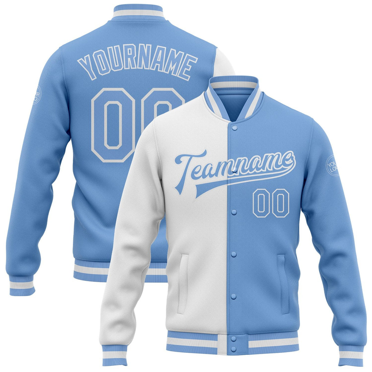 Custom White Light Blue Bomber Full-Snap Varsity Letterman Split Fashion Jacket photo 1