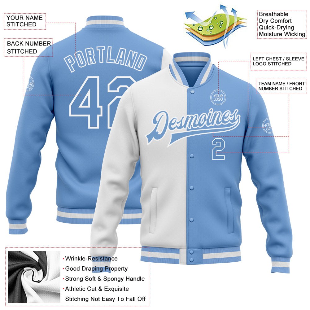Custom White Light Blue Bomber Full-Snap Varsity Letterman Split Fashion Jacket photo 5