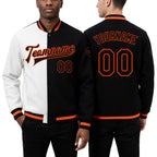 Custom White Black-Orange Bomber Full-Snap Varsity Letterman Split Fashion Jacket worn front and back