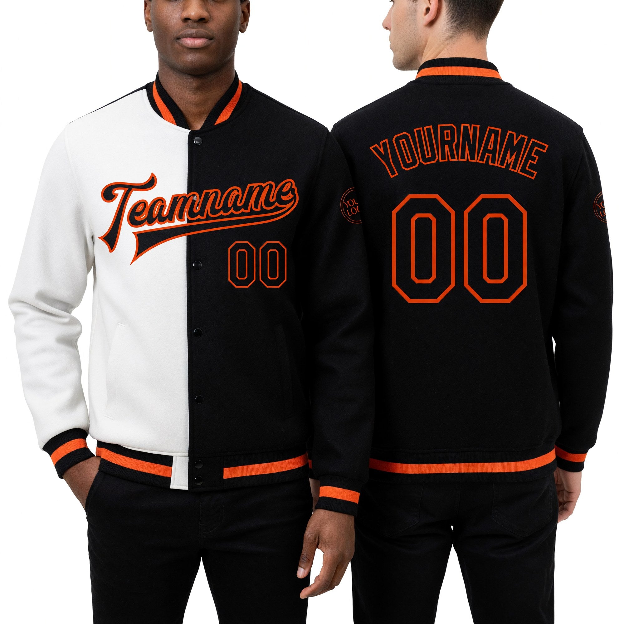 Custom White Black-Orange Bomber Full-Snap Varsity Letterman Split Fashion Jacket worn front and back