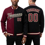 Custom Black Crimson Cream-Maroon Bomber Full-Snap Varsity Letterman Split Fashion Jacket worn front and back