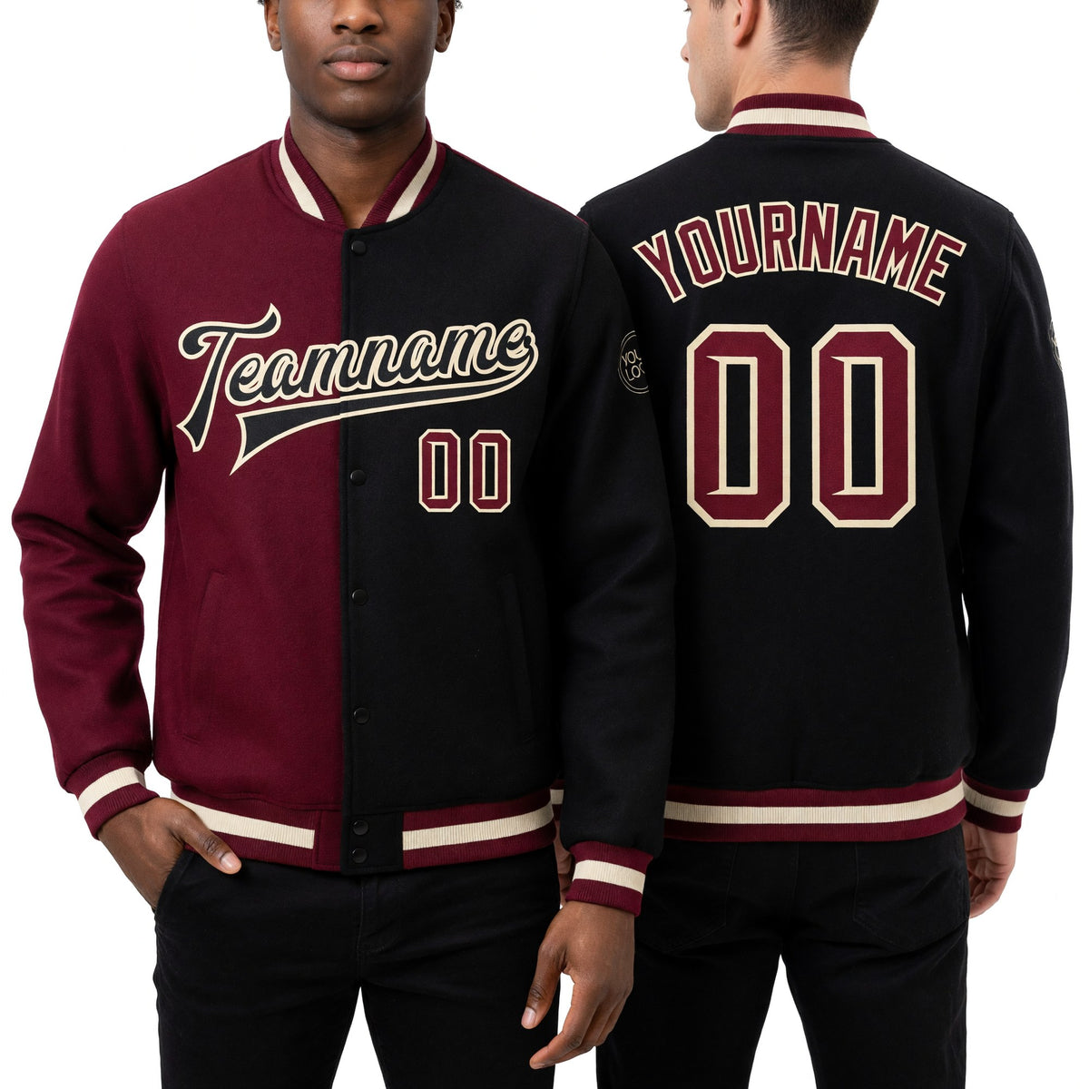 Custom Black Crimson Cream-Maroon Bomber Full-Snap Varsity Letterman Split Fashion Jacket worn front and back