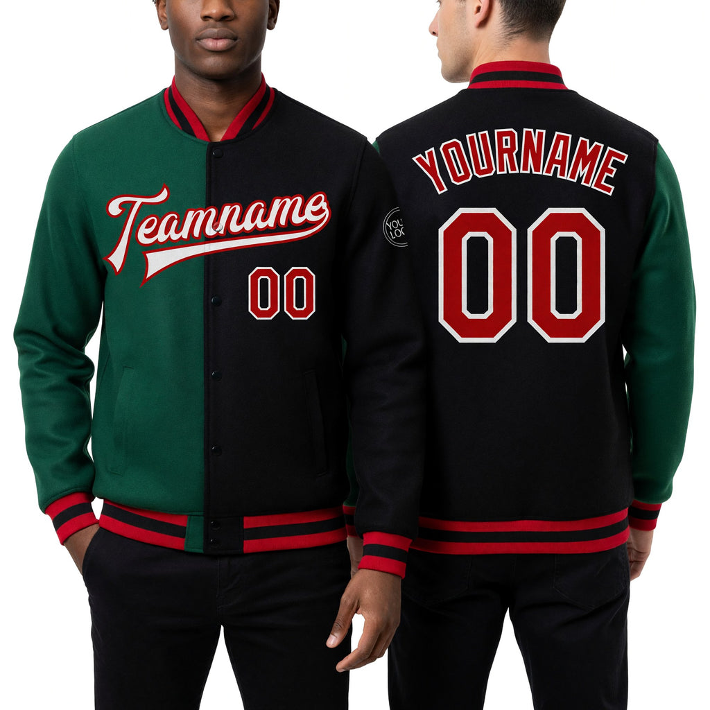 Custom Black Red-Kelly Green Bomber Full-Snap Varsity Letterman Split Fashion Jacket worn front and back