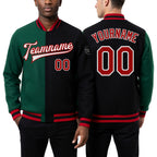 Custom Black Red-Kelly Green Bomber Full-Snap Varsity Letterman Split Fashion Jacket worn front and back