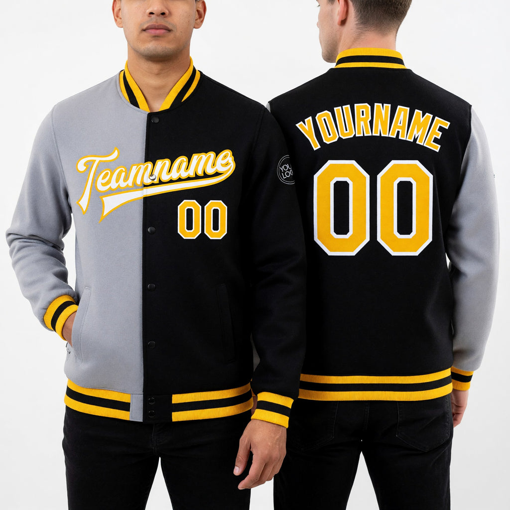 Custom Black Gold-Gray Bomber Full-Snap Varsity Letterman Split Fashion Jacket worn front and back