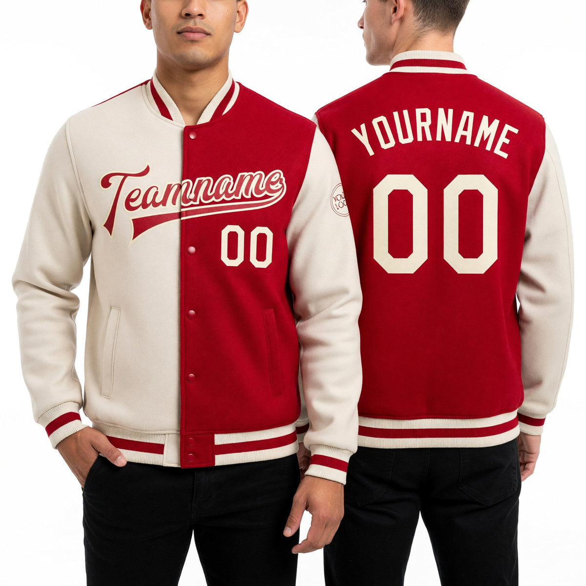 Custom Red Cream Bomber Full-Snap Varsity Letterman Split Fashion Jacket worn front and back