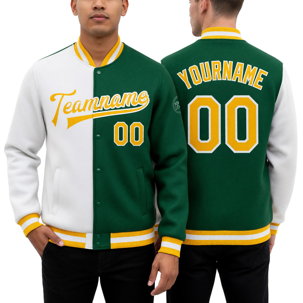Custom Kelly Green Gold-White Bomber Full-Snap Varsity Letterman Split Fashion Jacket worn front and back