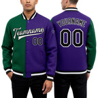 Custom Purple Black Kelly Green Bomber Full-Snap Varsity Letterman Split Fashion Jacket worn front and back