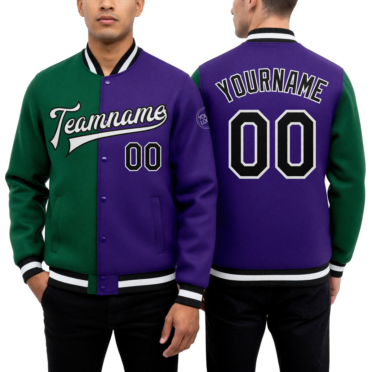 Custom Purple Black Kelly Green Bomber Full-Snap Varsity Letterman Split Fashion Jacket worn front and back