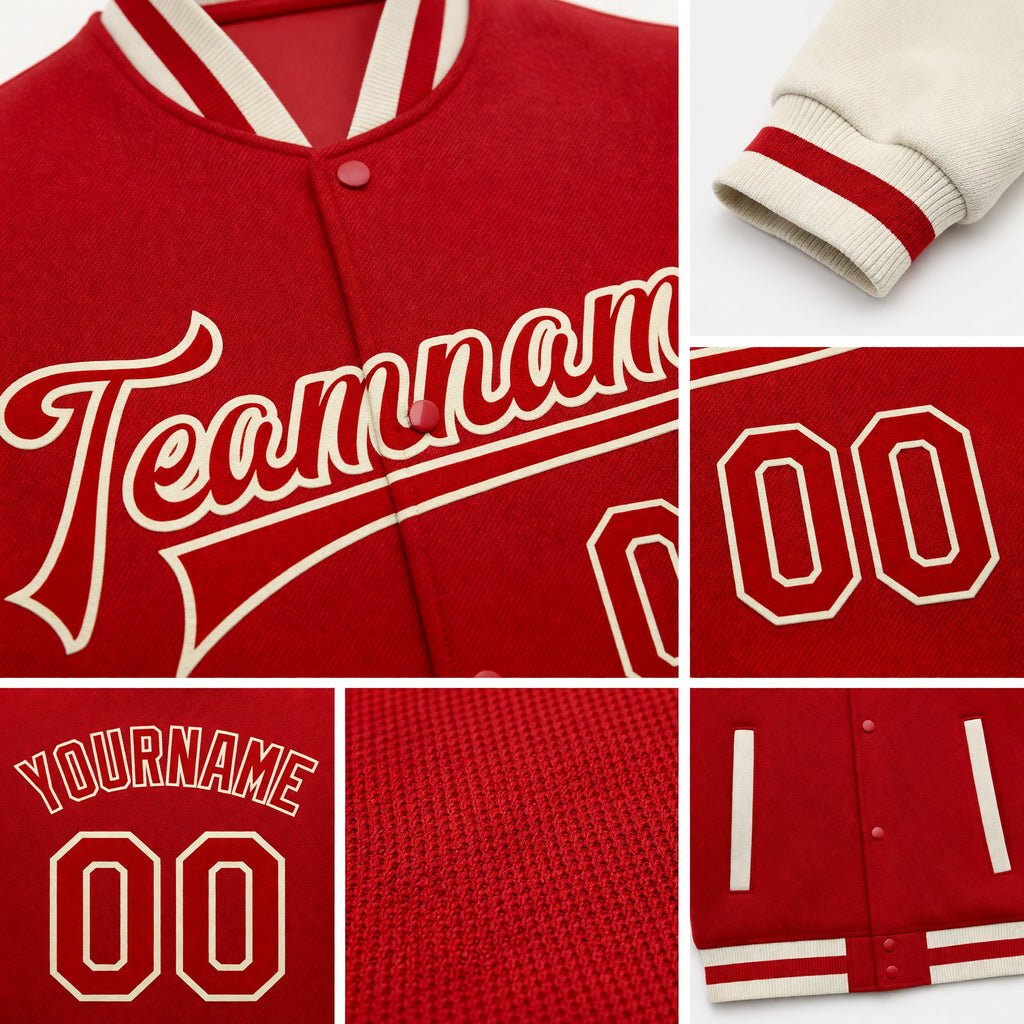Custom Red Red-Cream Bomber Full-Snap Varsity Letterman Two Tone Jacket detail