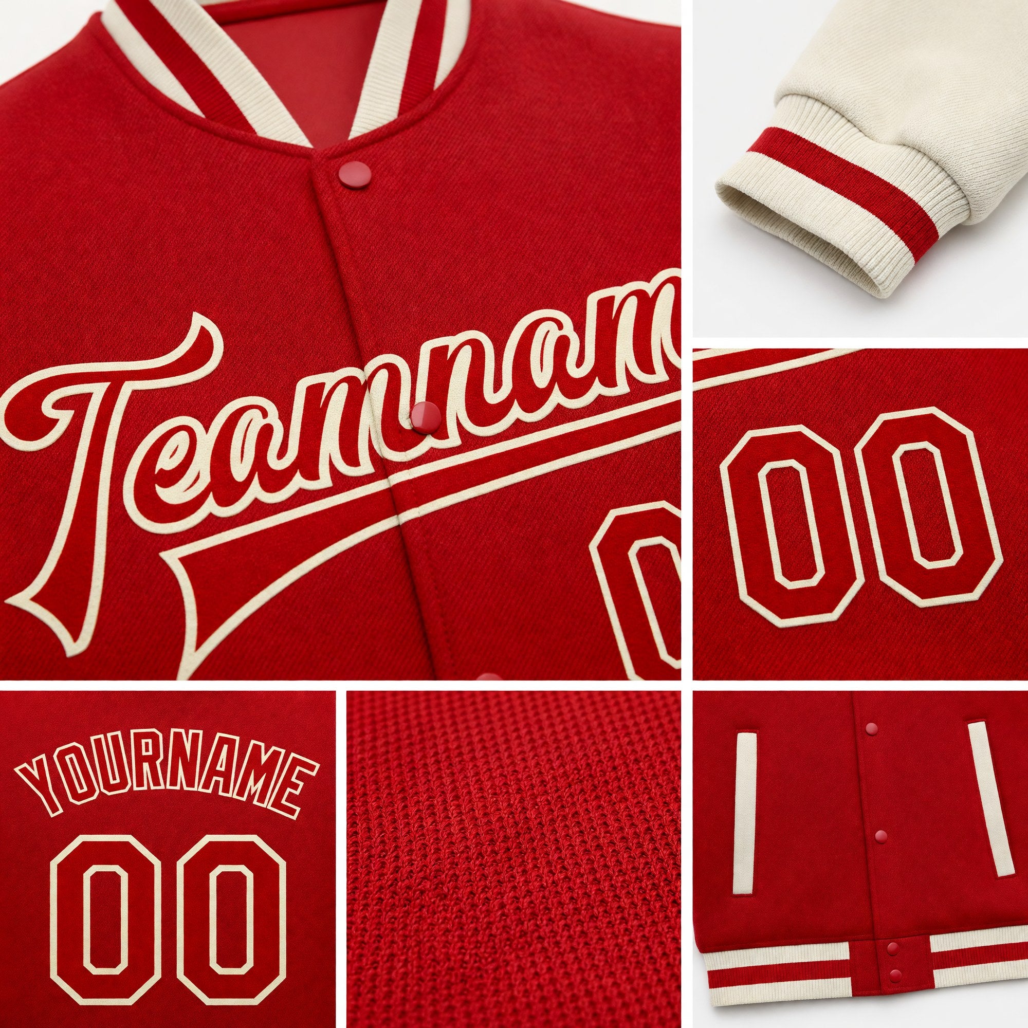 Custom Red Red-Cream Bomber Full-Snap Varsity Letterman Two Tone Jacket detail