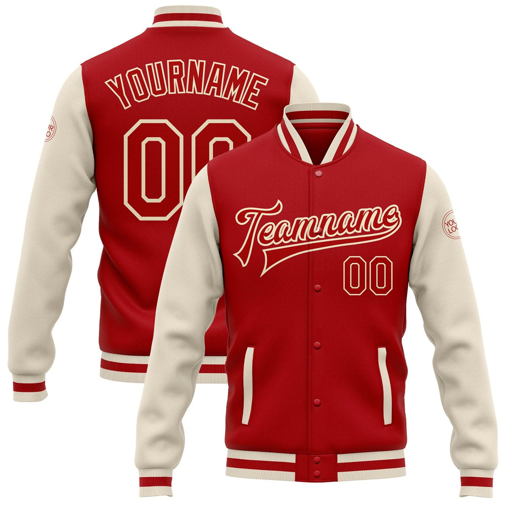 Custom Red Red-Cream Bomber Full-Snap Varsity Letterman Two Tone Jacket photo 1