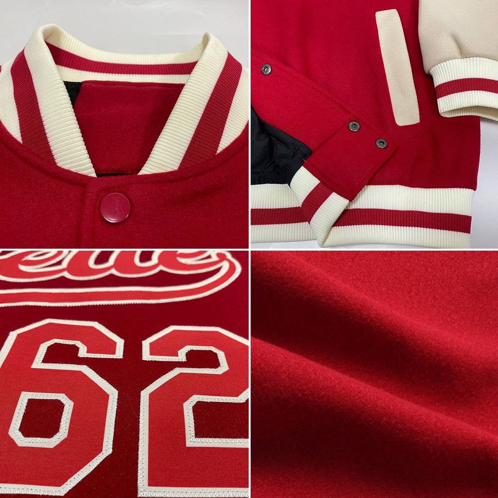 Custom Red Red-Cream Bomber Full-Snap Varsity Letterman Two Tone Jacket photo 4
