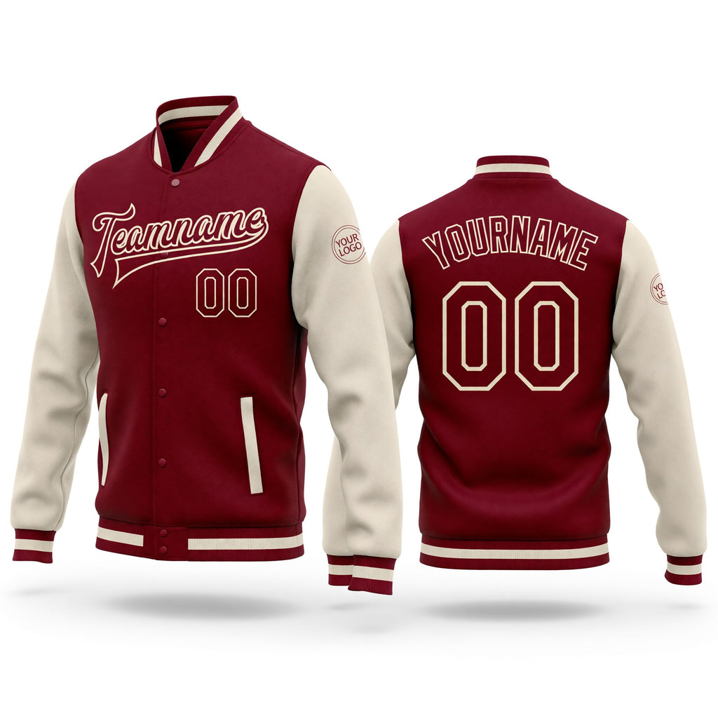 Custom Crimson Crimson Cream-Maroon Bomber Full-Snap Varsity Letterman Two Tone Jacket
