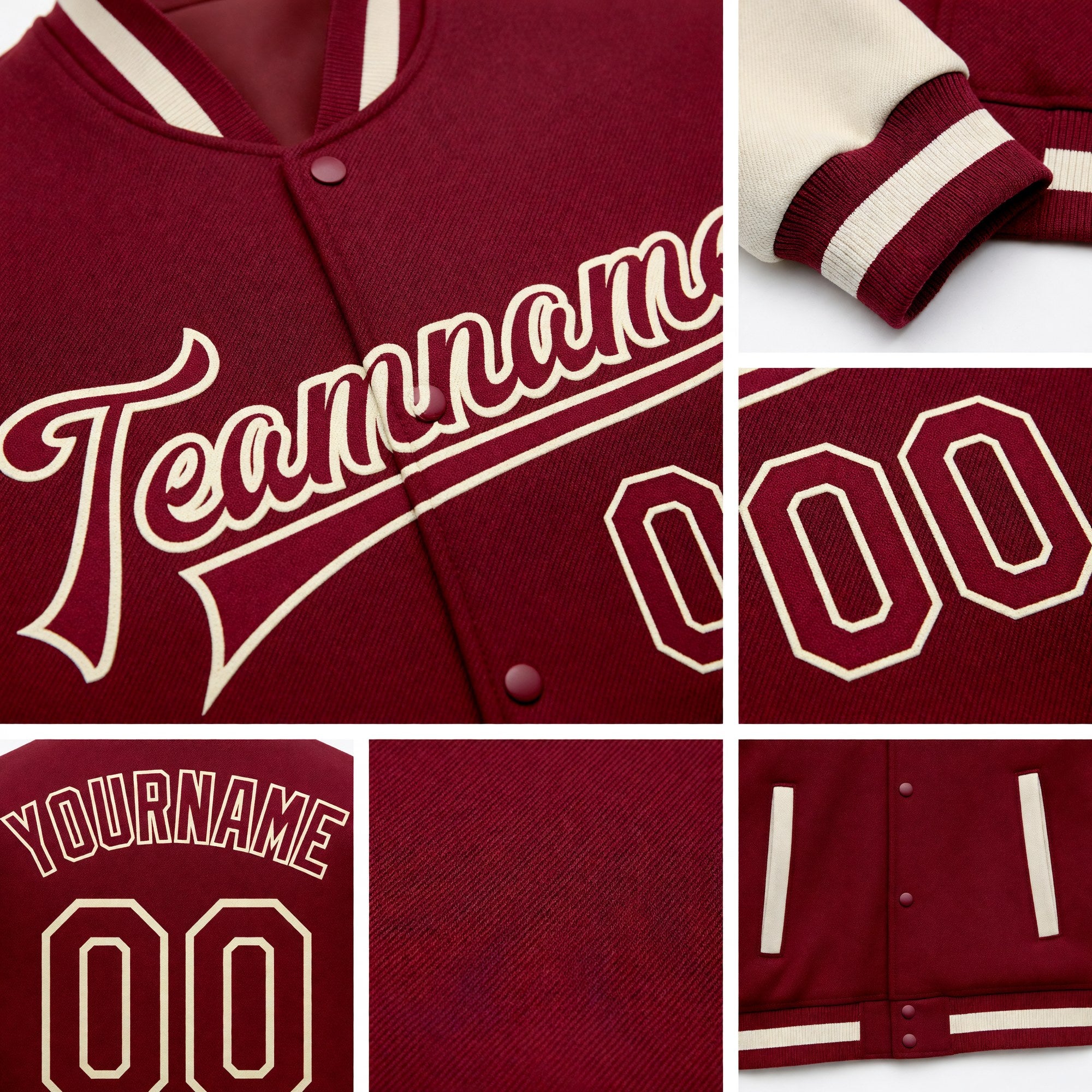 Custom Crimson Crimson Cream-Maroon Bomber Full-Snap Varsity Letterman Two Tone Jacket detail