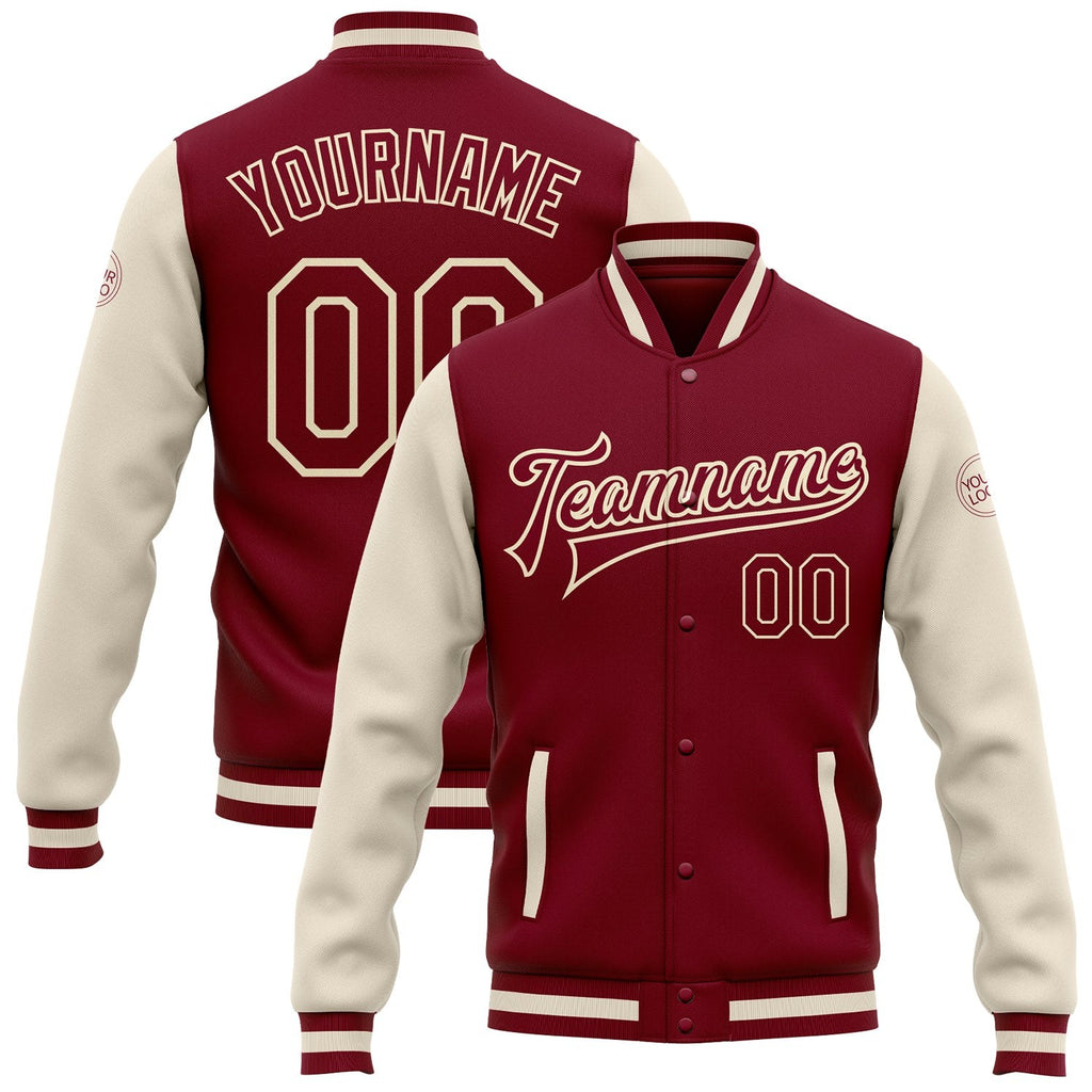 Custom Crimson Crimson Cream-Maroon Bomber Full-Snap Varsity Letterman Two Tone Jacket photo 1