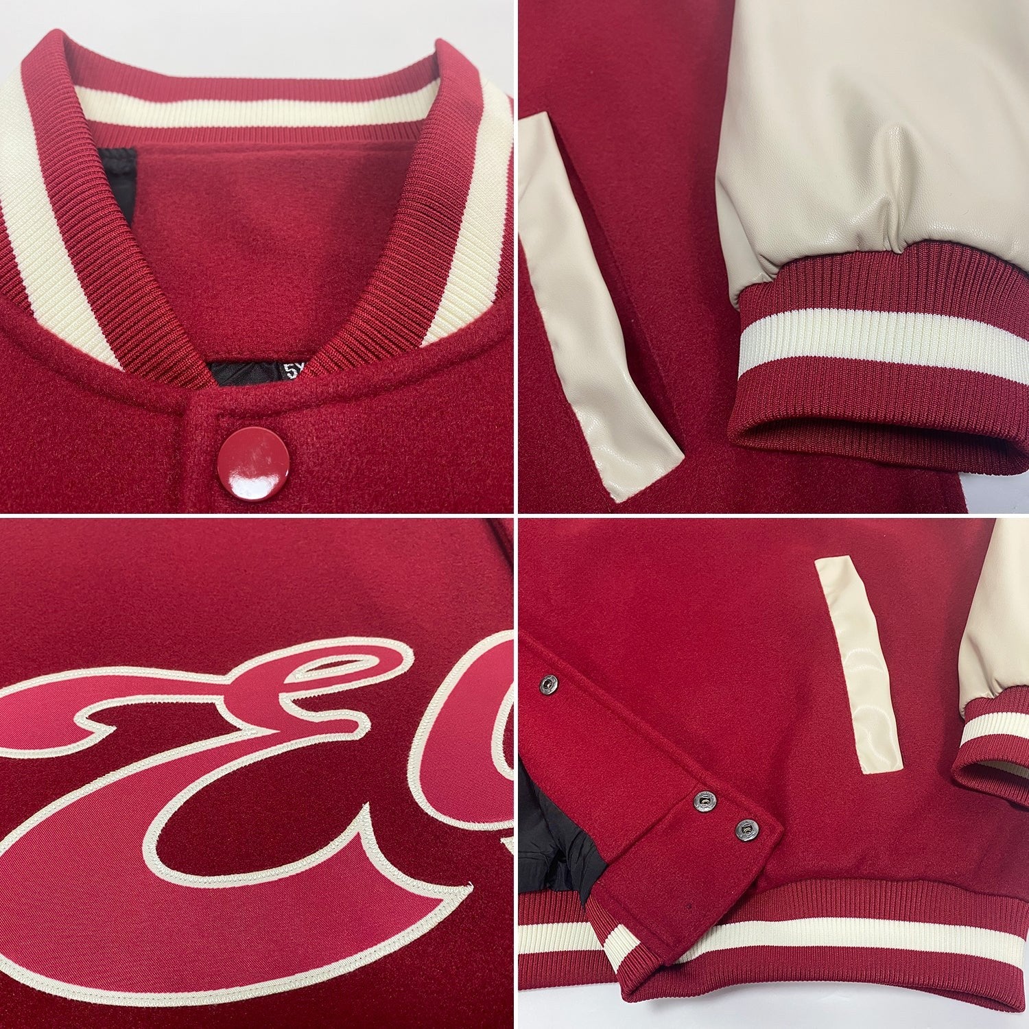 Custom Crimson Crimson Cream-Maroon Bomber Full-Snap Varsity Letterman Two Tone Jacket photo 4