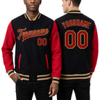 Custom Black Red-Old Gold Bomber Full-Snap Varsity Letterman Two Tone Jacket worn front and back