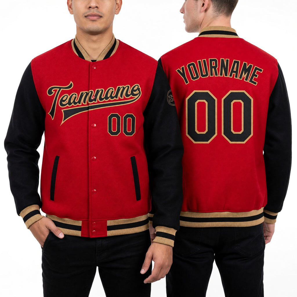 Custom Red Black-Old Gold Bomber Full-Snap Varsity Letterman Two Tone Jacket worn front and back