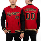 Custom Red Black-Old Gold Bomber Full-Snap Varsity Letterman Two Tone Jacket worn front and back