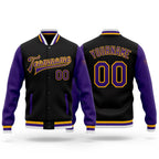 Custom Black Purple-Gold Bomber Full-Snap Varsity Letterman Two Tone Jacket