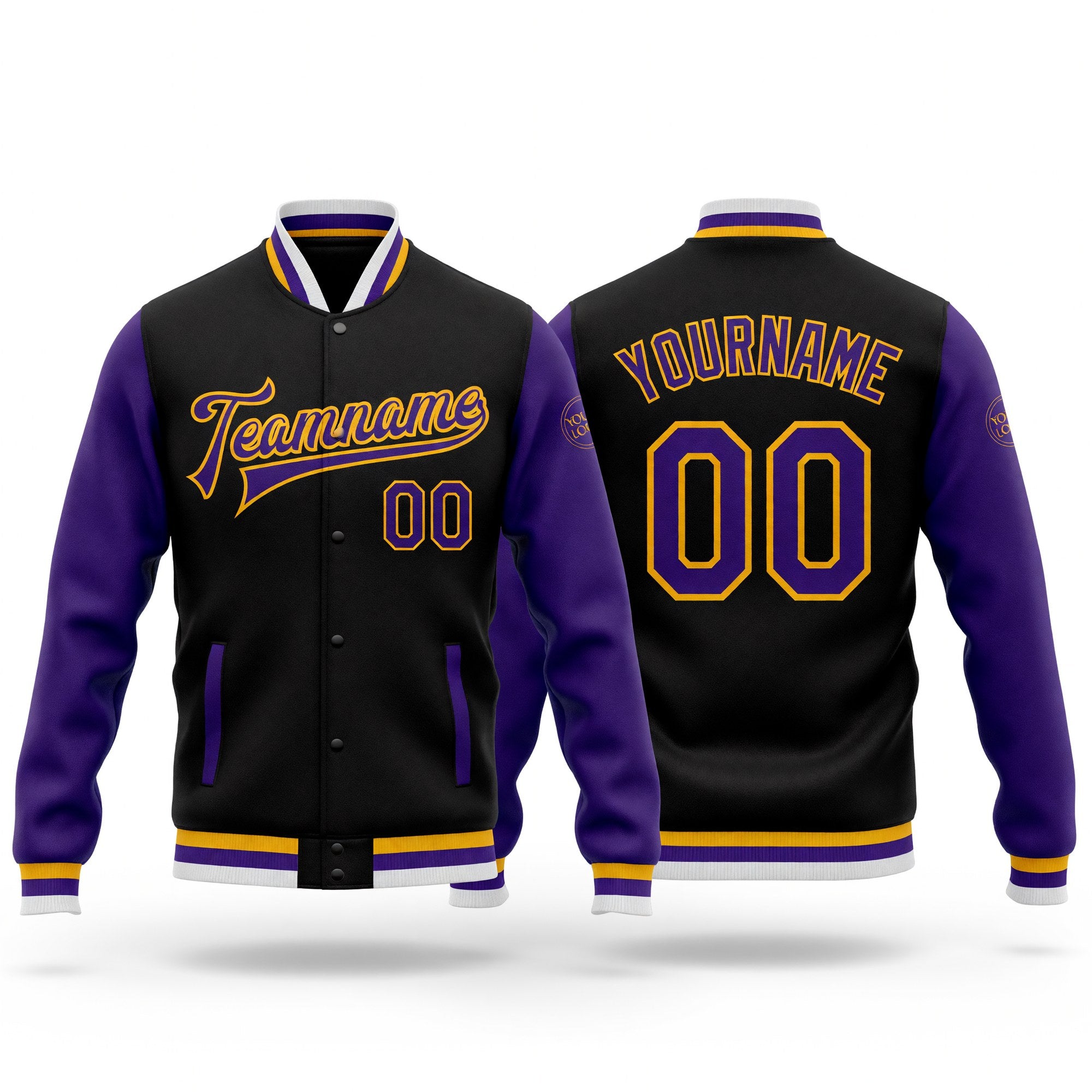 Custom Black Purple-Gold Bomber Full-Snap Varsity Letterman Two Tone Jacket