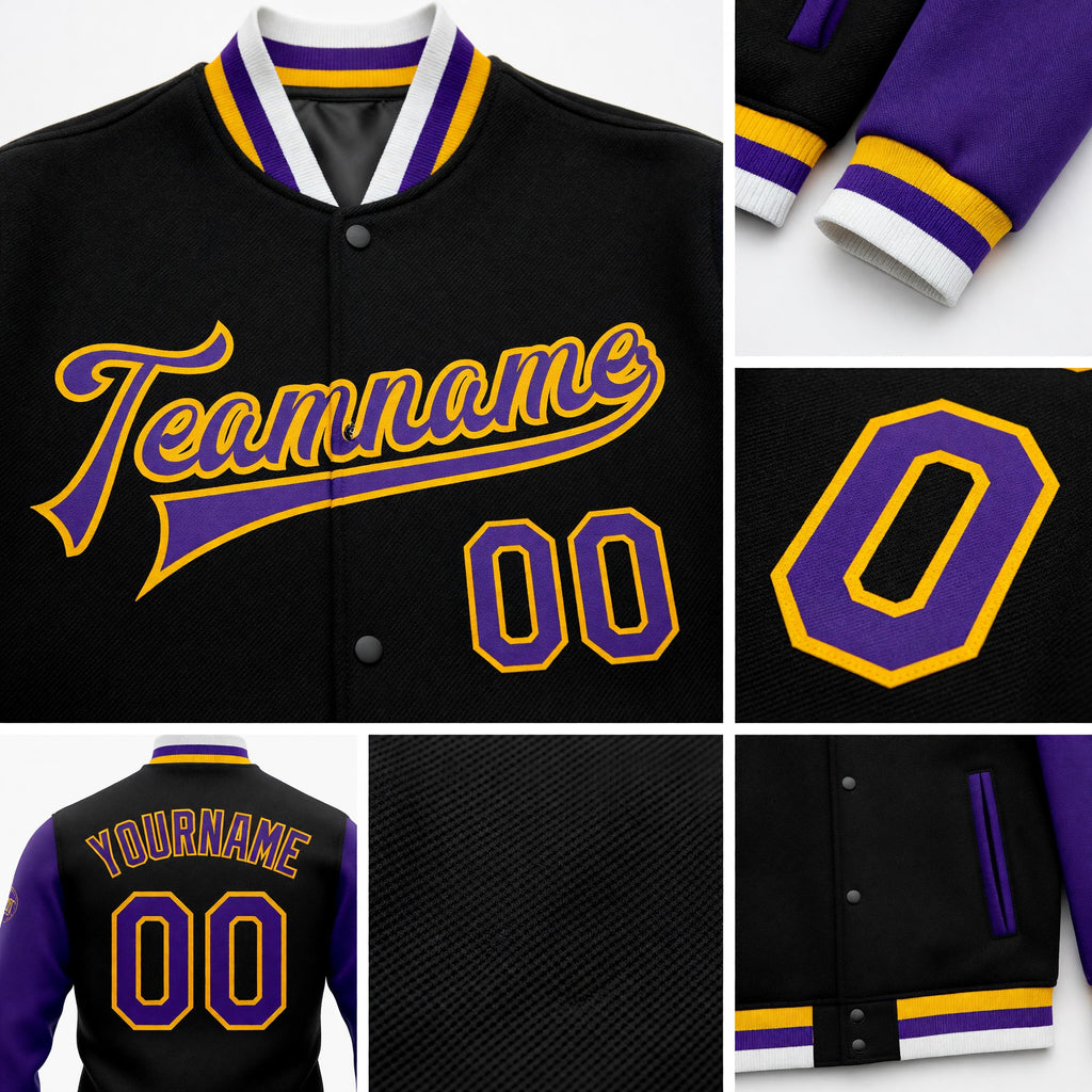 Custom Black Purple-Gold Bomber Full-Snap Varsity Letterman Two Tone Jacket detail