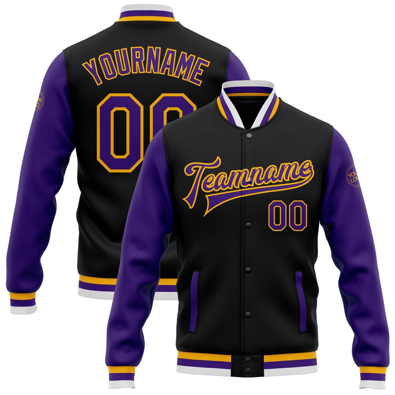 Custom Black Purple-Gold Bomber Full-Snap Varsity Letterman Two Tone Jacket photo 1