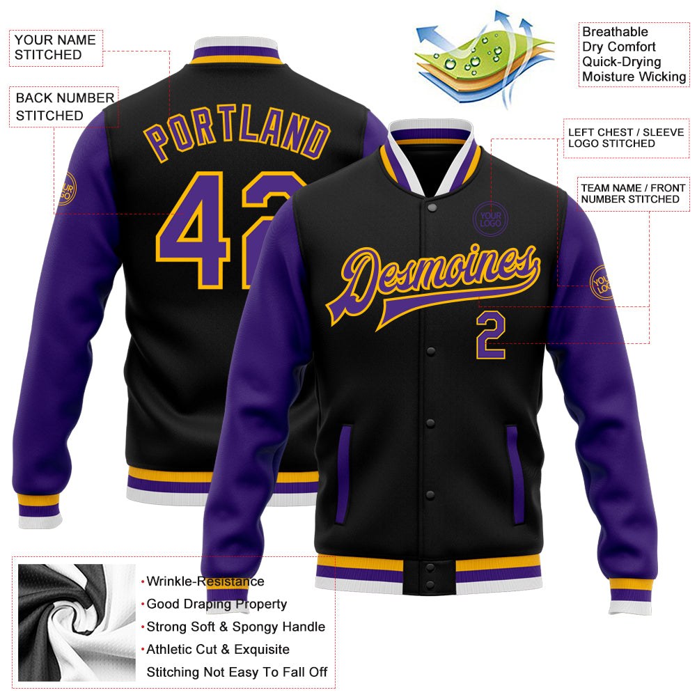 Custom Black Purple-Gold Bomber Full-Snap Varsity Letterman Two Tone Jacket photo 5