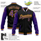 Custom Black Purple-Gold Bomber Full-Snap Varsity Letterman Two Tone Jacket photo 5