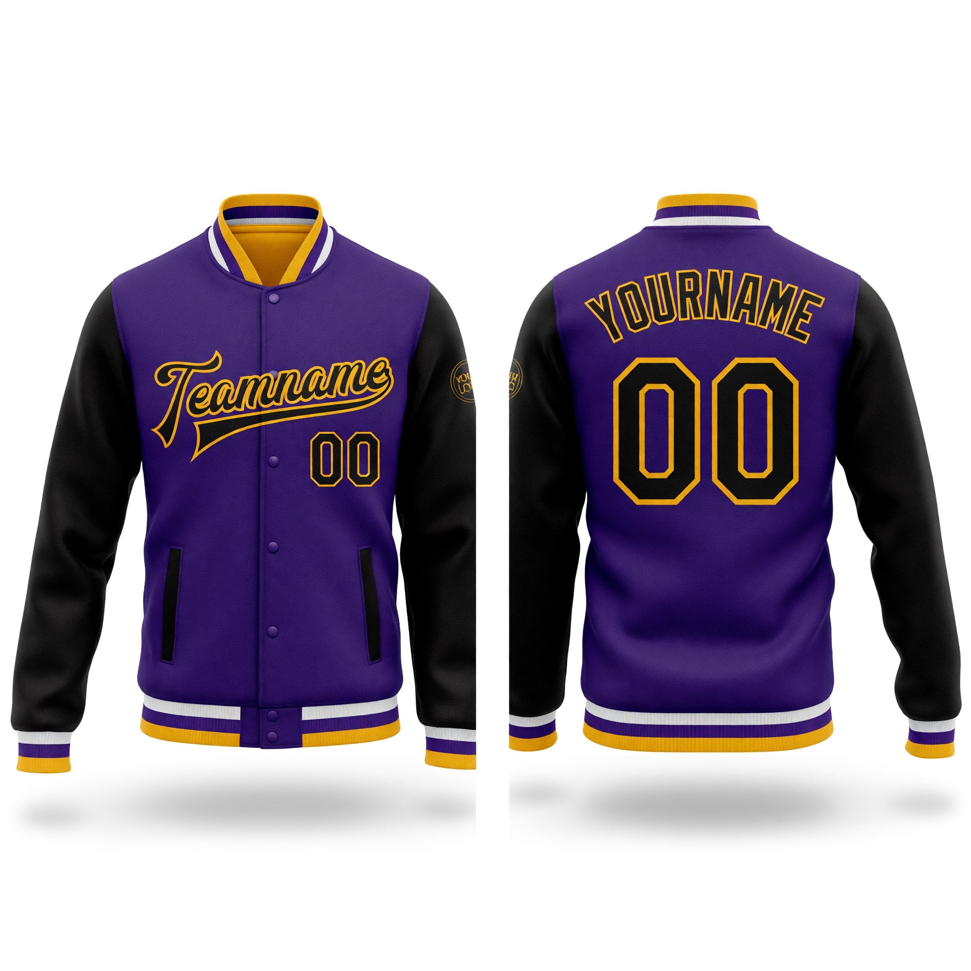 Custom Purple Black-Gold Bomber Full-Snap Varsity Letterman Two Tone Jacket