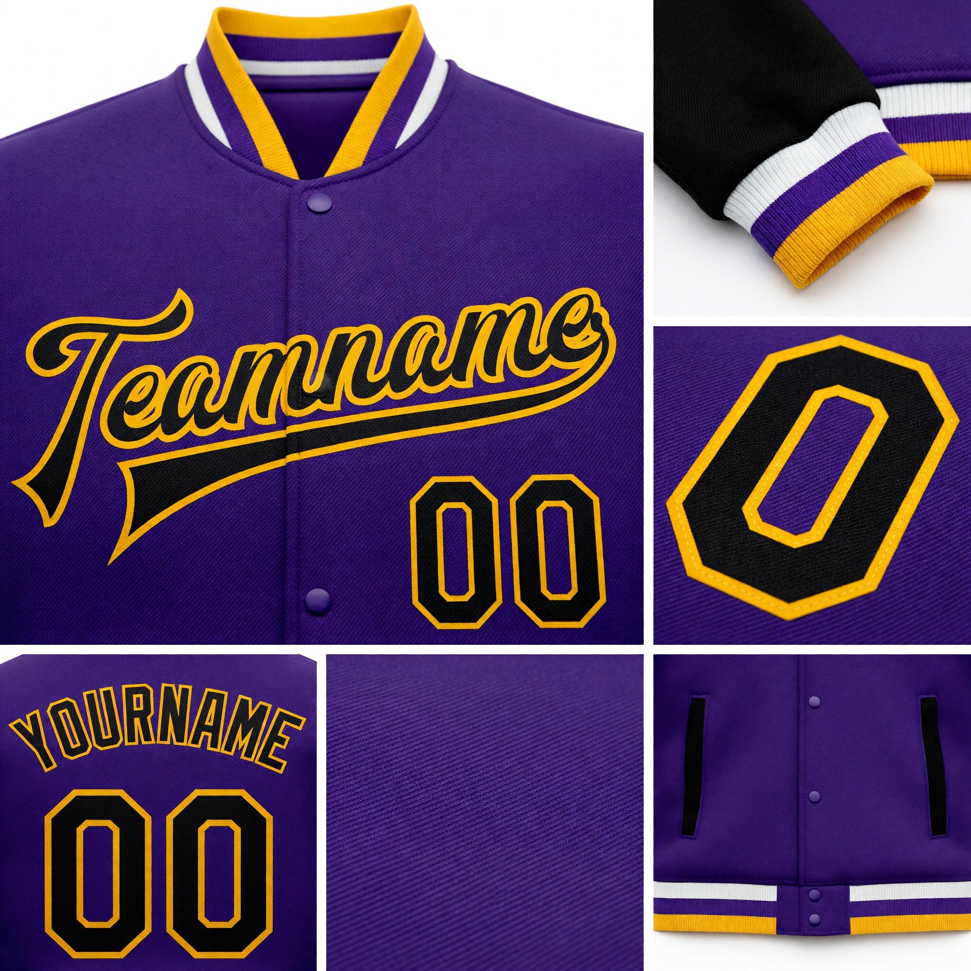 Custom Purple Black-Gold Bomber Full-Snap Varsity Letterman Two Tone Jacket detail