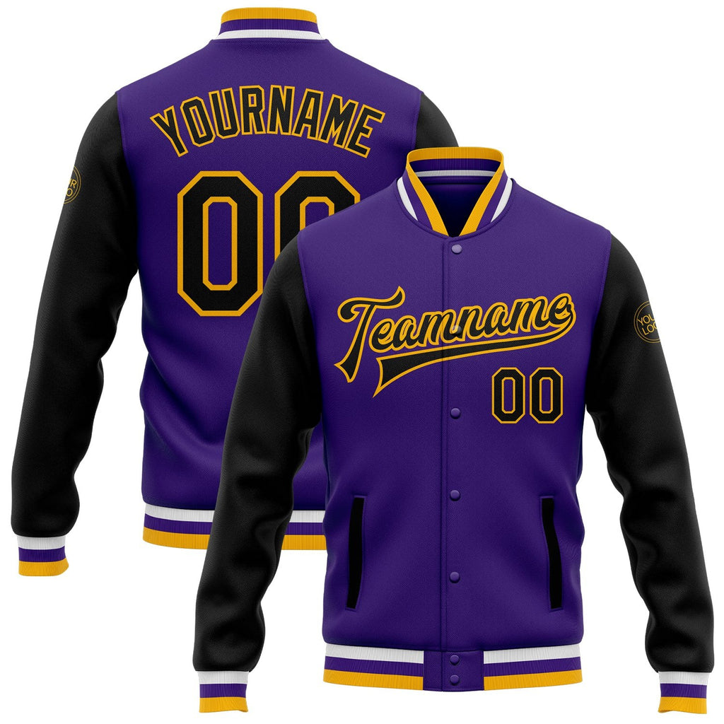 Custom Purple Black-Gold Bomber Full-Snap Varsity Letterman Two Tone Jacket photo 1