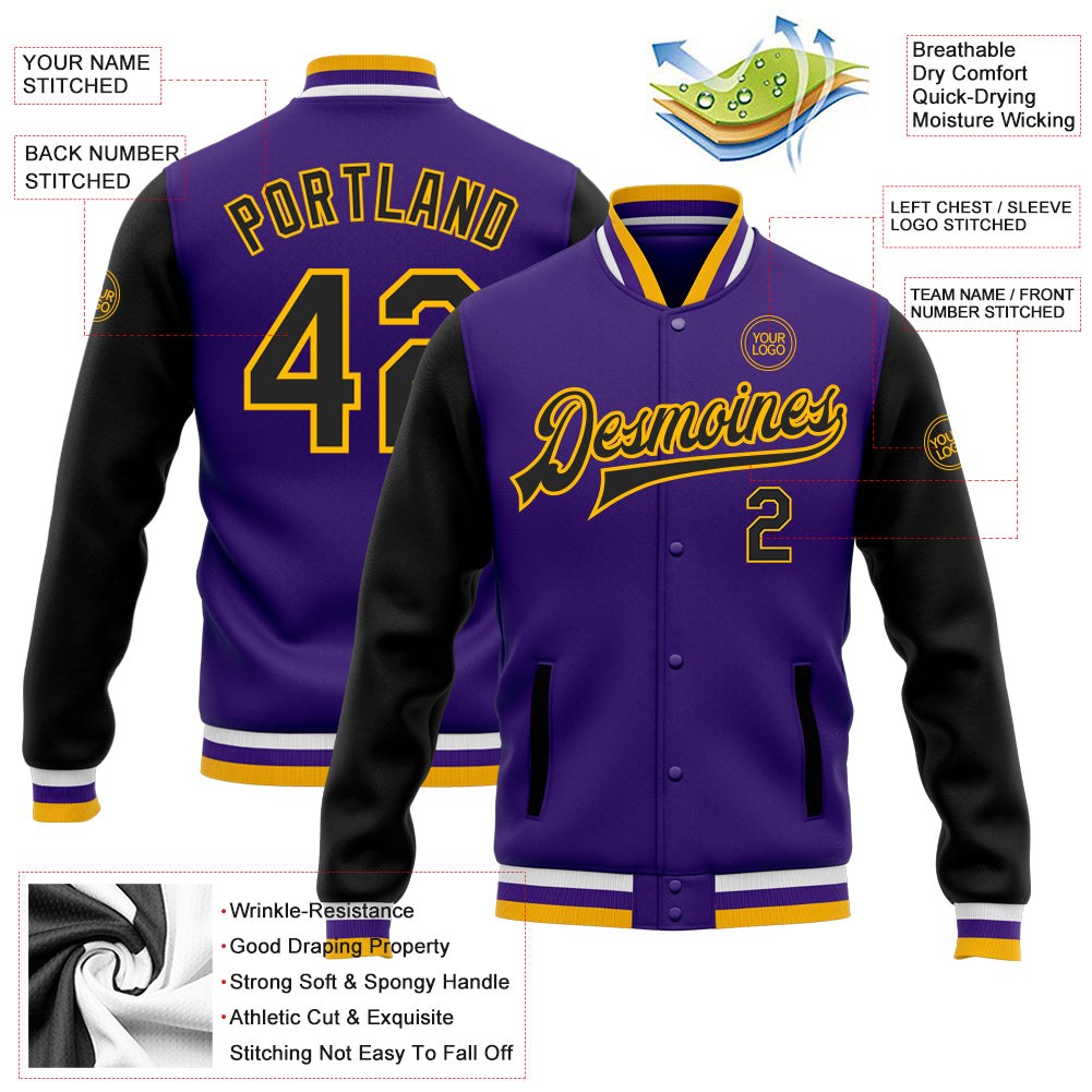 Custom Purple Black-Gold Bomber Full-Snap Varsity Letterman Two Tone Jacket photo 5