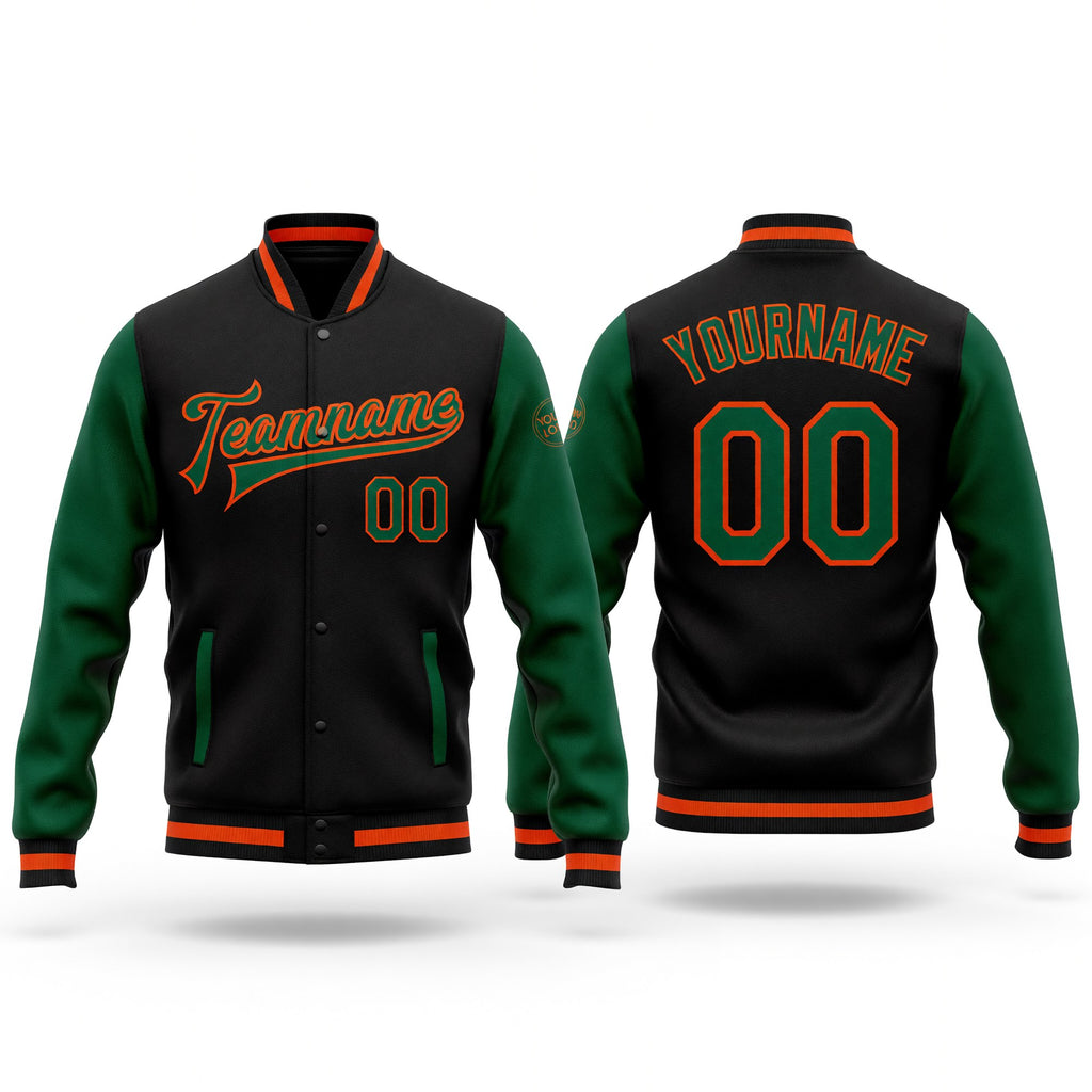 Custom Black Kelly Green-Orange Bomber Full-Snap Varsity Letterman Two Tone Jacket