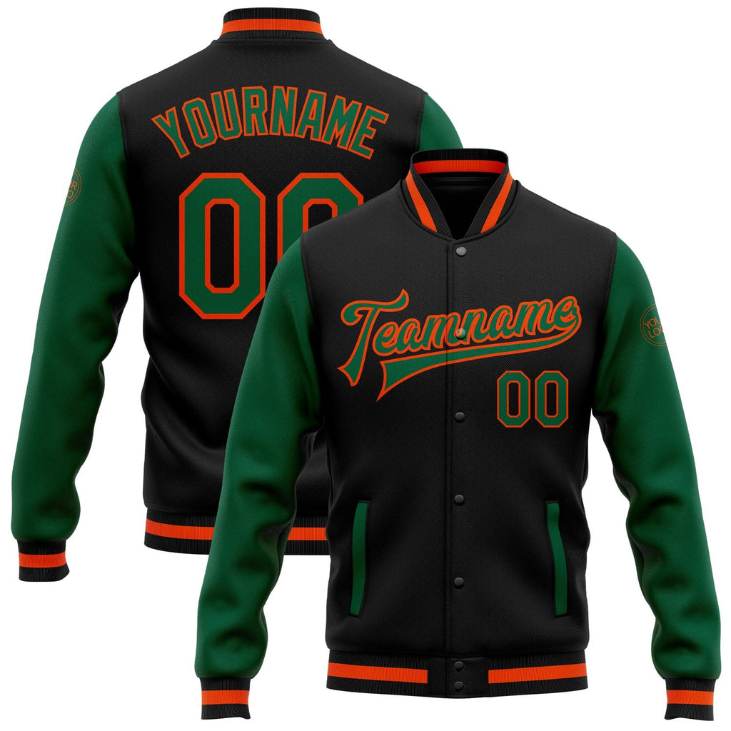 Custom Black Kelly Green-Orange Bomber Full-Snap Varsity Letterman Two Tone Jacket photo 1