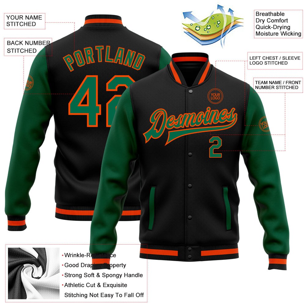 Custom Black Kelly Green-Orange Bomber Full-Snap Varsity Letterman Two Tone Jacket photo 5