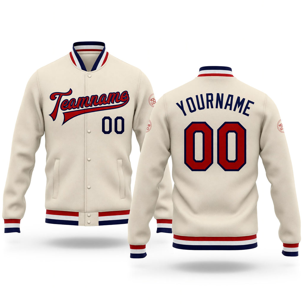 Custom Cream Red-Navy Bomber Full-Snap Varsity Letterman Jacket