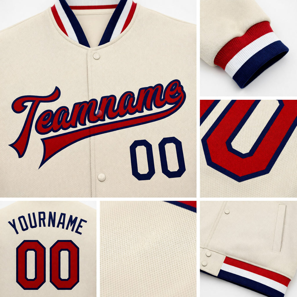 Custom Cream Red-Navy Bomber Full-Snap Varsity Letterman Jacket detail
