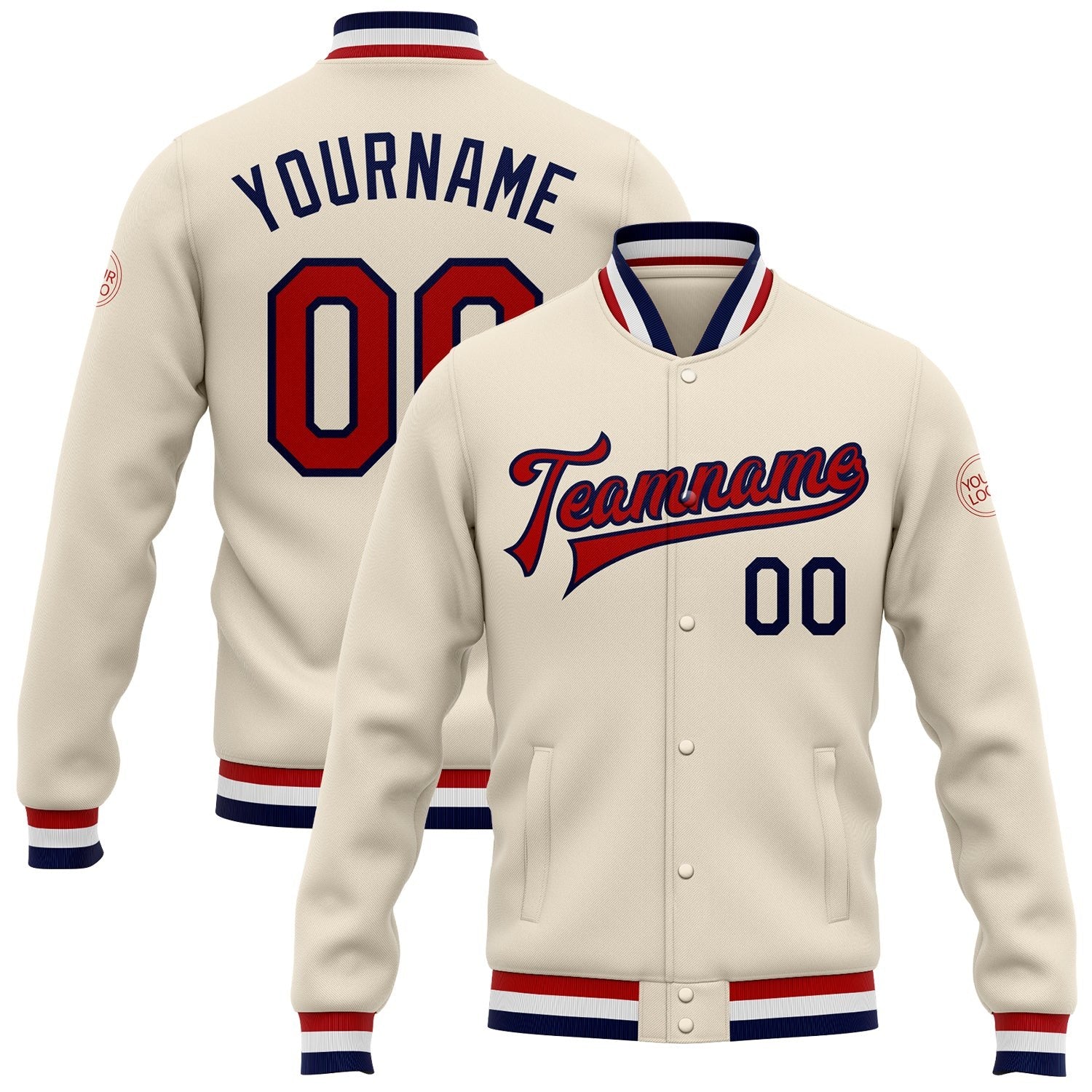 Custom Cream Red-Navy Bomber Full-Snap Varsity Letterman Jacket photo 1