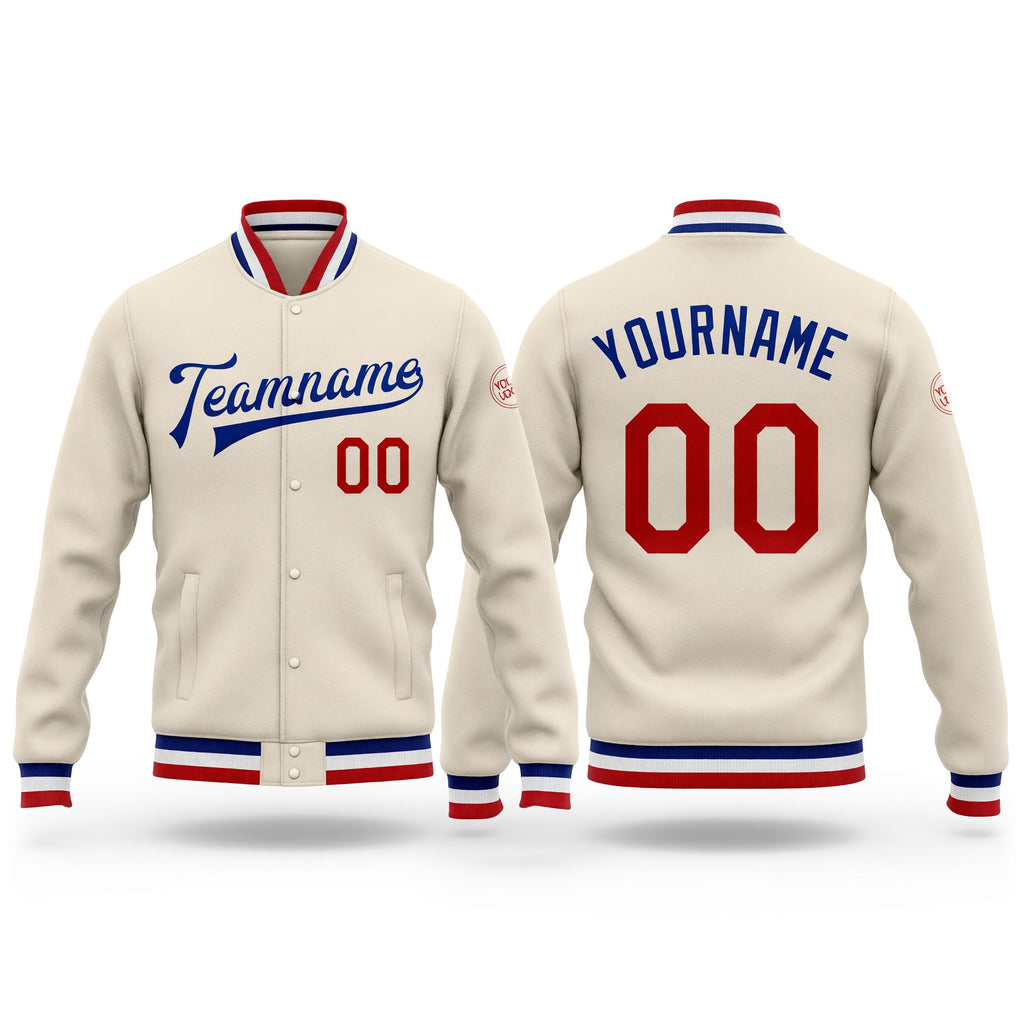 Custom Cream Red-Royal Bomber Full-Snap Varsity Letterman Jacket