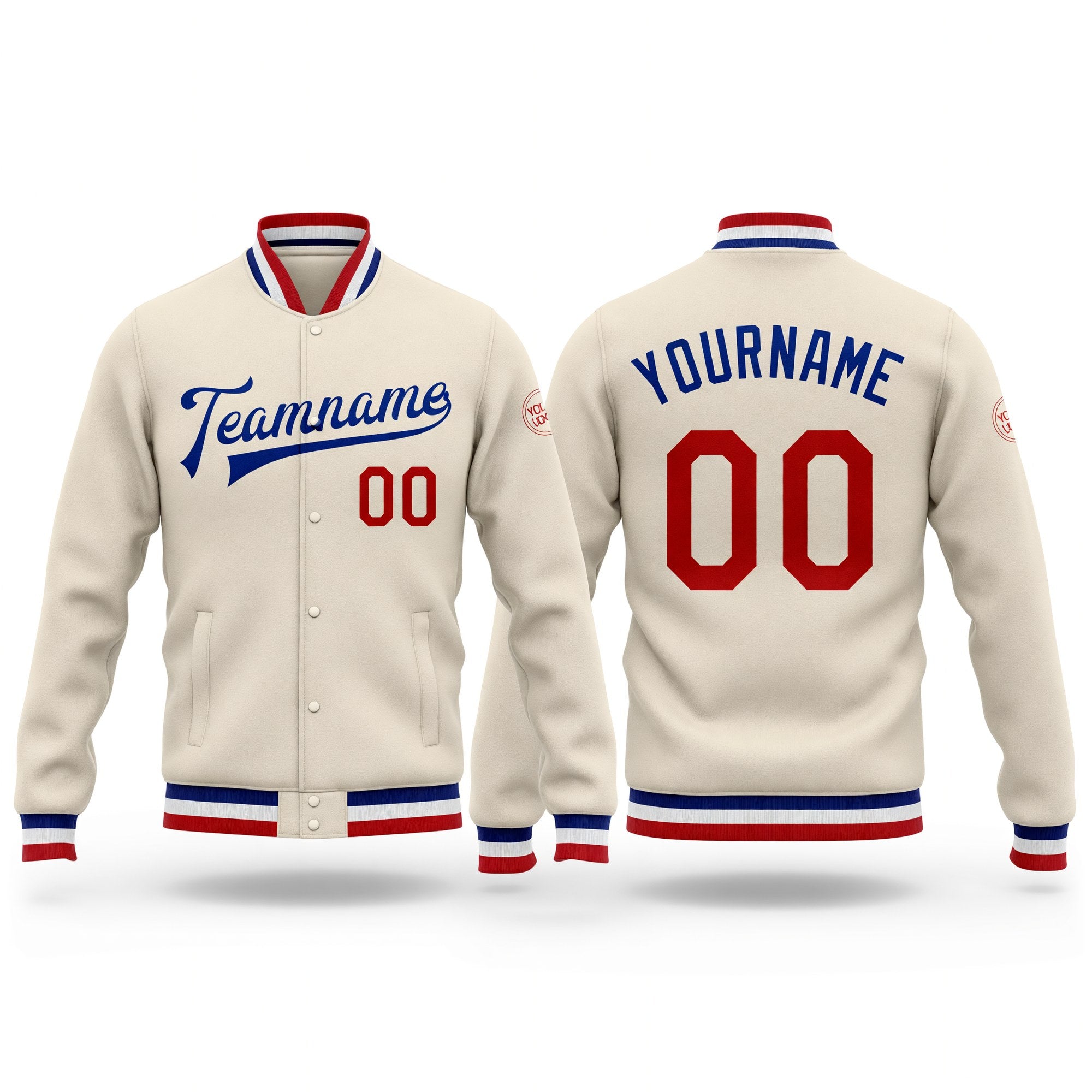 Custom Cream Red-Royal Bomber Full-Snap Varsity Letterman Jacket