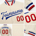 Custom Cream Red-Royal Bomber Full-Snap Varsity Letterman Jacket detail